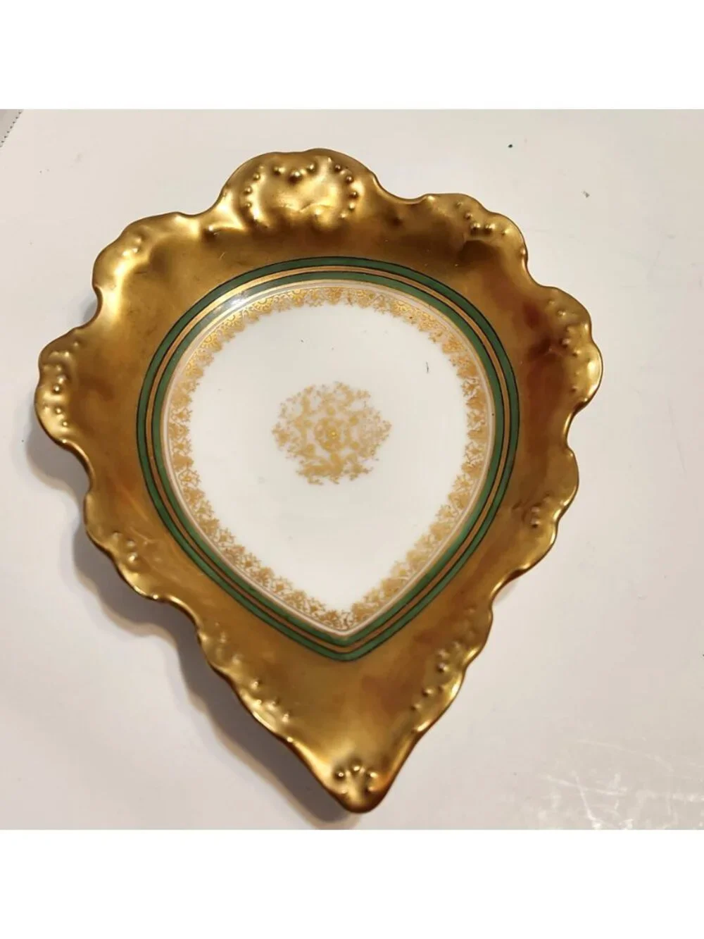Antique Limoges France B&H Gold Green Trim Porcelain Gravy Boat Underplate READ